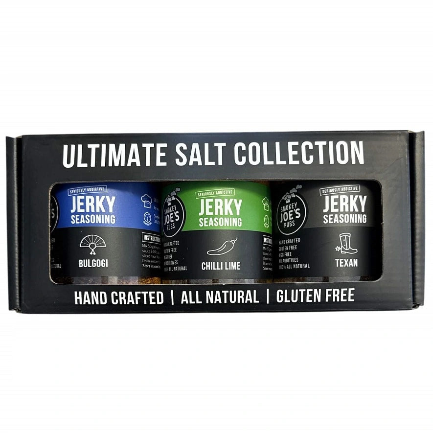 Smokey Joe’s Ultimate Jerky Pack – Bulgogi BBQ, Chilli Lime, and Texan seasonings, all-natural, gluten-free, handcrafted in Western Australia