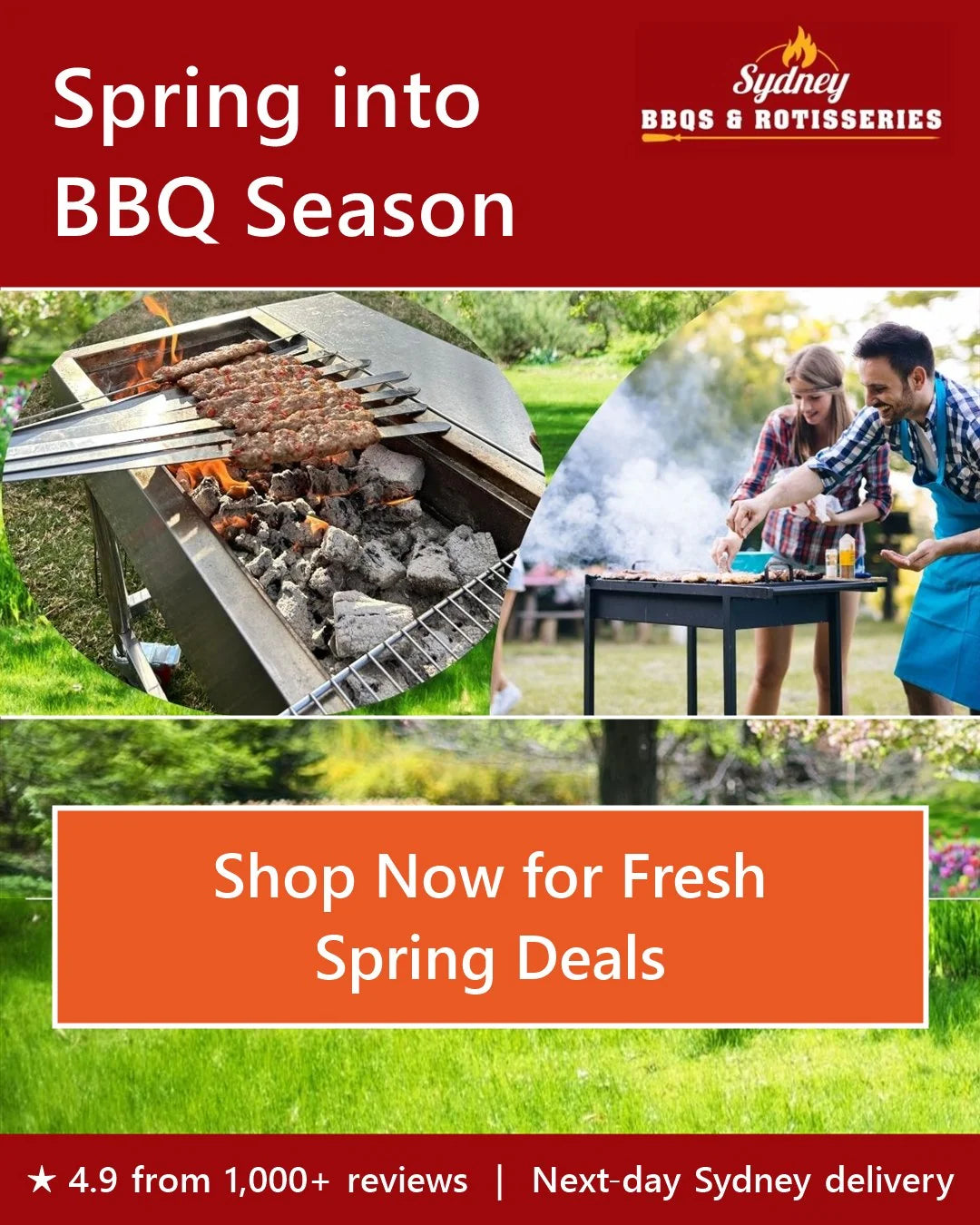 Spring BBQ deals at Sydney BBQs & Rotisseries: charcoal kofta grill and a couple cooking outdoors