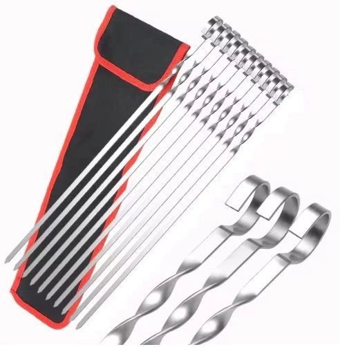 10 piece stainless steel flat BBQ skewer set with storage pouch, 40 cm kebab skewers for grilling meat and vegetables.