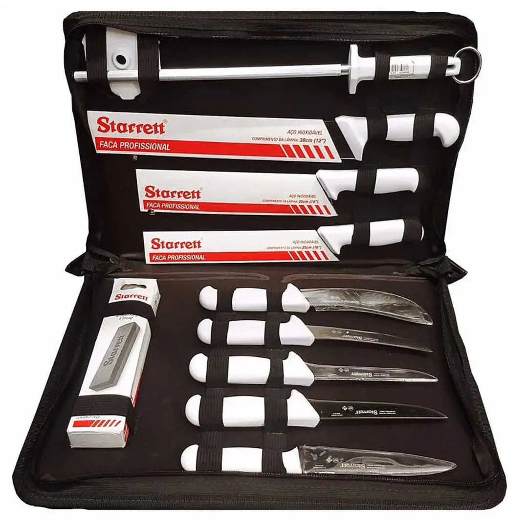 Starrett 11 piece butcher knife set with white handle stainless steel knives, sharpening tools, and EVA carry case.