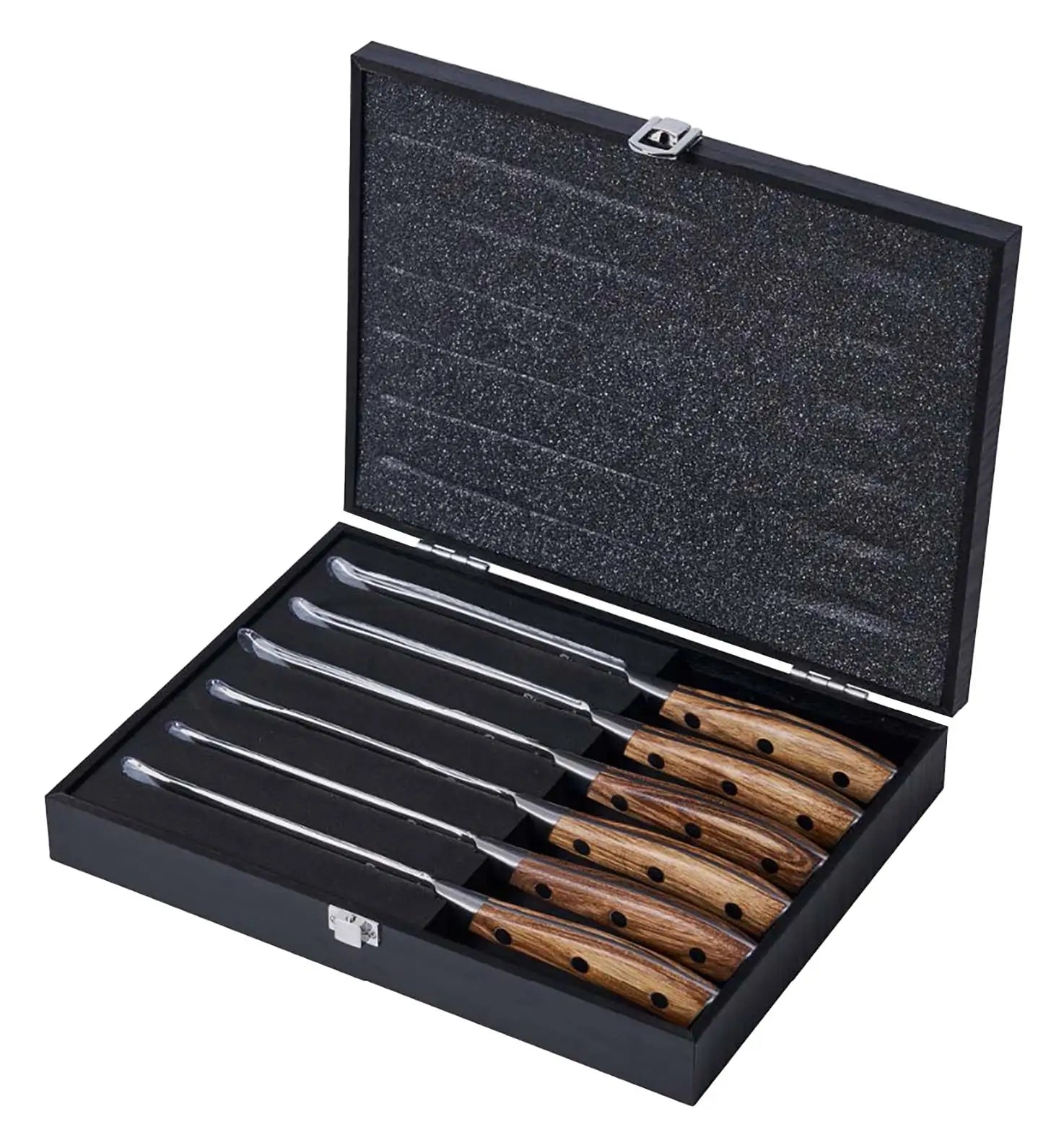 Starrett 6 piece steak knife set with German stainless steel blades, zebra wood riveted handles, and fitted black presentation storage case.