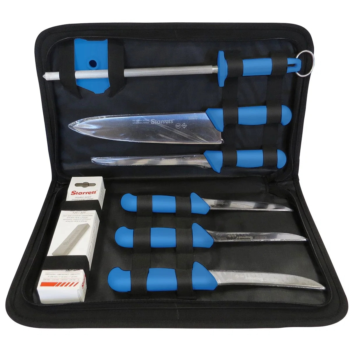 Starrett BKK 8B professional 8 piece hunting and fishing knife set with blue handles and carry case