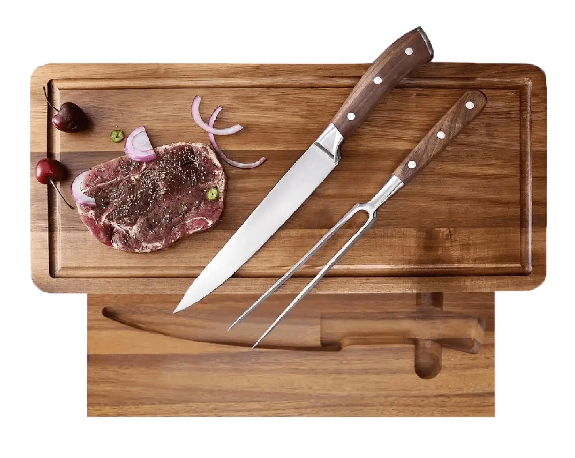 Starrett SKK-2WD carving set with German stainless steel carving knife, carving fork, and timber chopping board with integrated storage compartment.