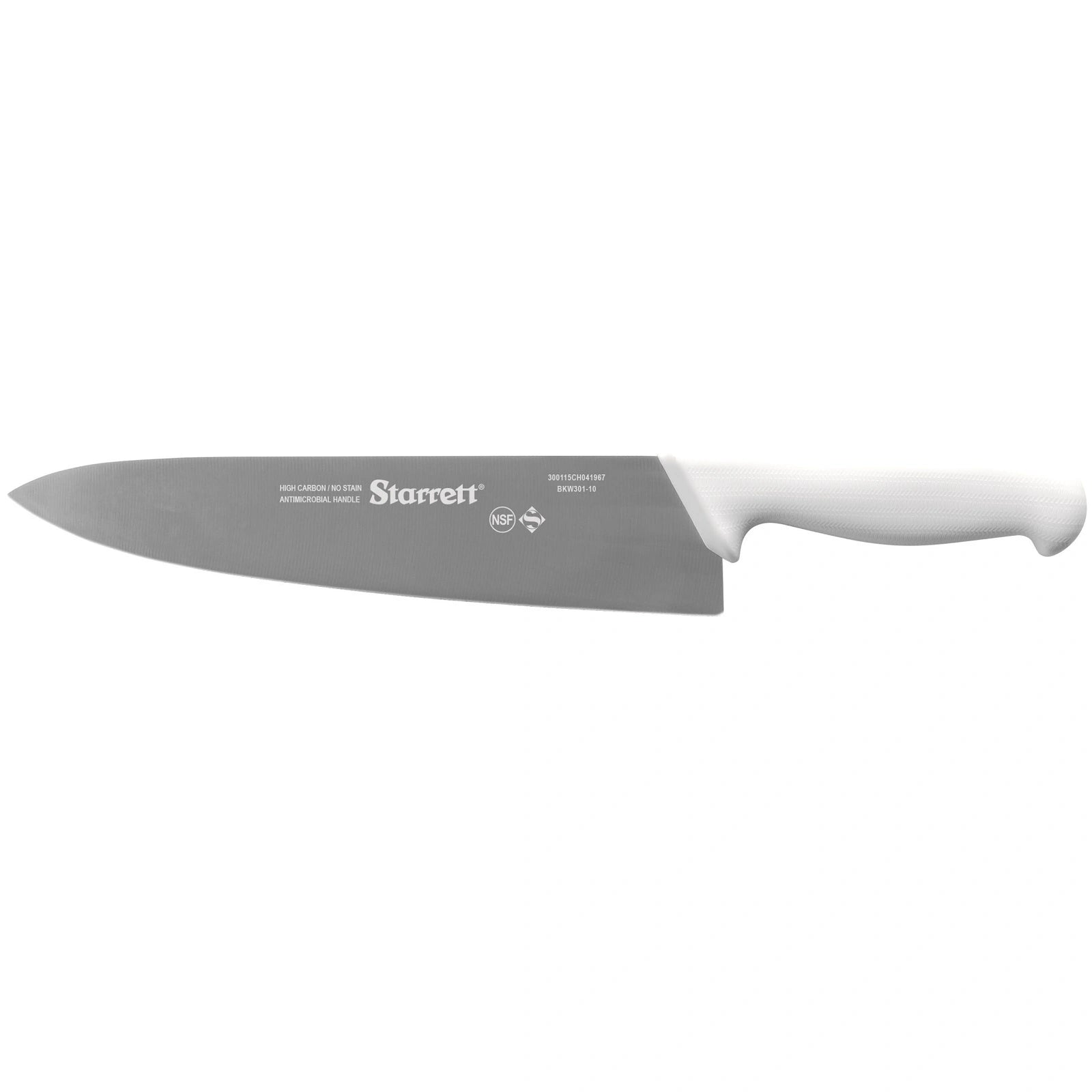 Starrett 250mm chef’s knife with German stainless steel wide triangular blade and white antimicrobial handle for professional kitchen use.