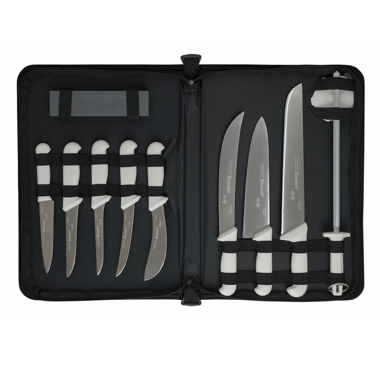 Starrett professional butcher knife kit with stainless steel blades, white antimicrobial handles, sharpening steel, and zippered storage case.