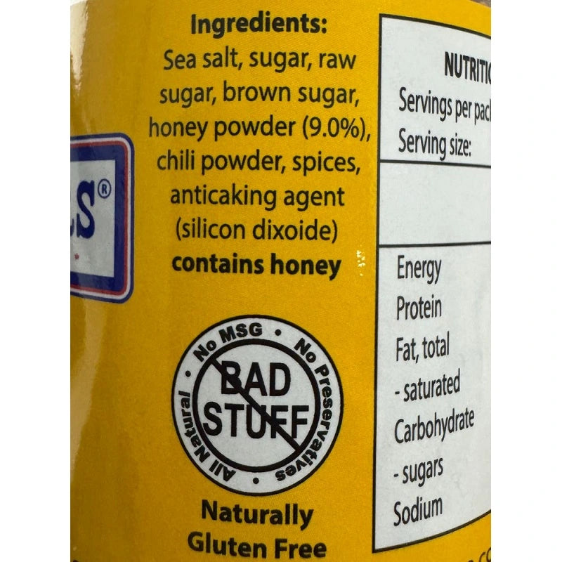 Ingredients label for SuckleBusters Honey BBQ Rub including honey powder sugar spices and chilli