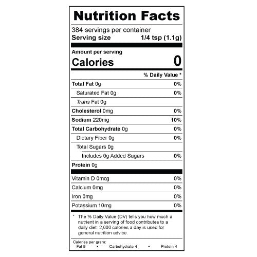 SuckleBusters SPG rub nutrition facts label showing calories, sodium, and ingredients per 1.1g serve