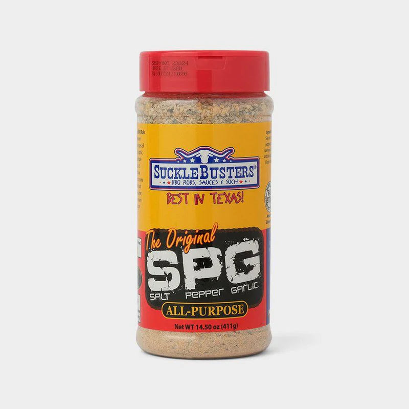 SuckleBusters SPG All-Purpose Rub 411g jar with red lid and bold label