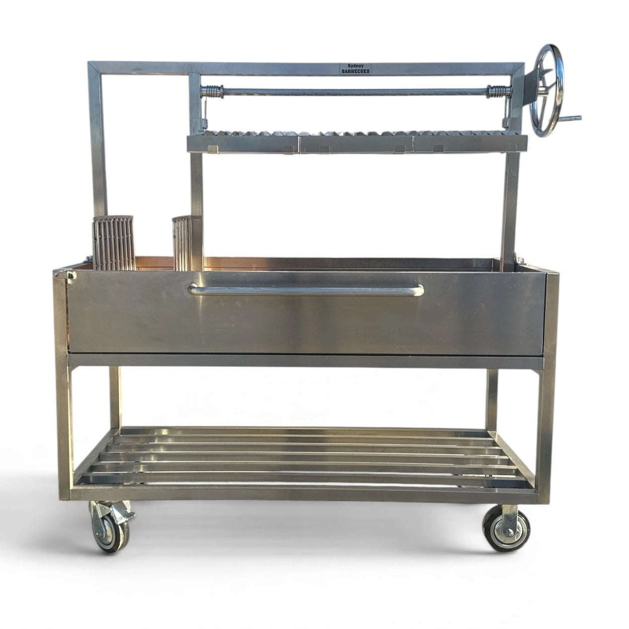 Sydney Barbecues Parrilla 1200 commercial grade Argentine charcoal BBQ front view with adjustable grill and removable brasero.