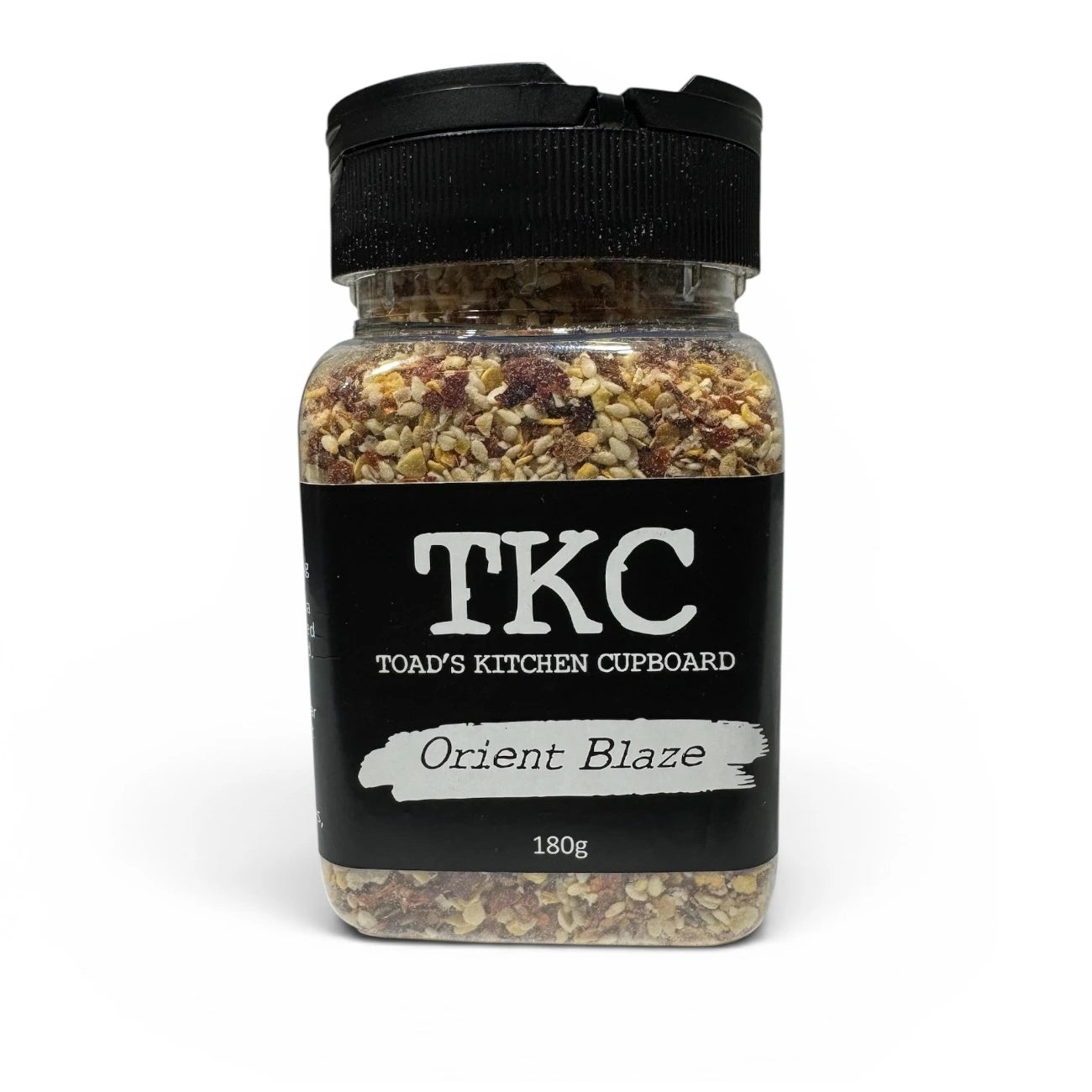 Front view of TKC Toad’s Kitchen Cupboard Orient Blaze 180g Asian-style chilli seasoning blend with garlic, sesame and chilli flakes.