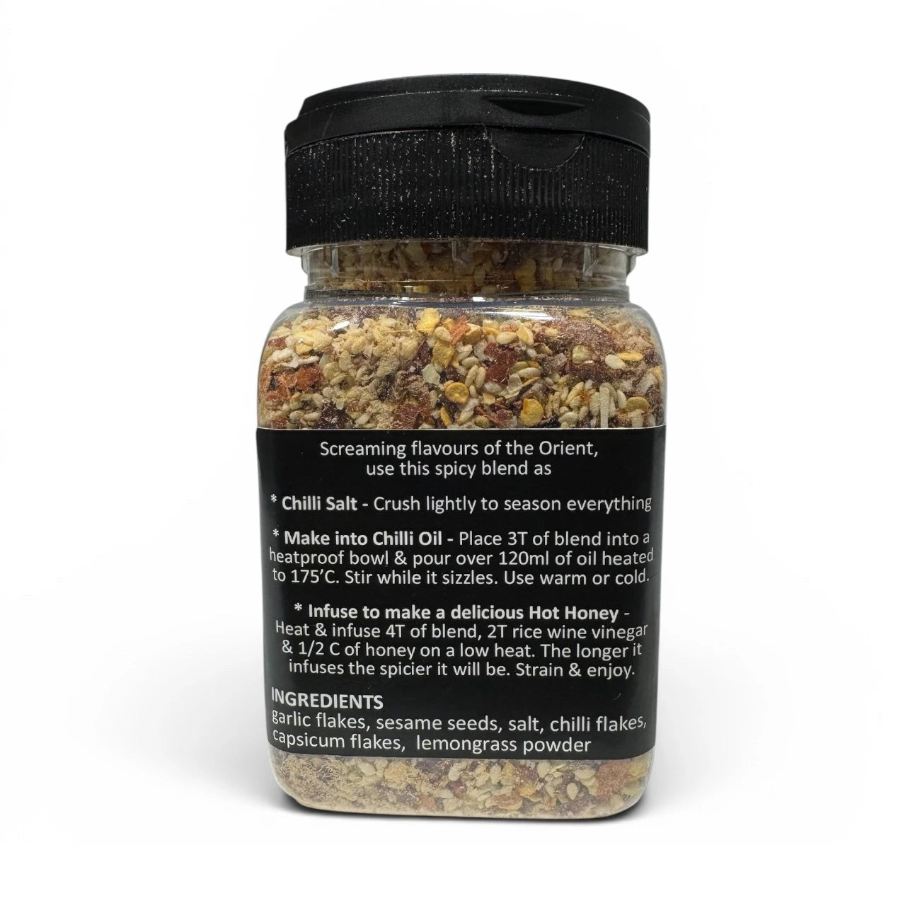 Back label of TKC Toad’s Kitchen Cupboard Orient Blaze seasoning showing chilli oil and hot honey instructions with ingredients list.