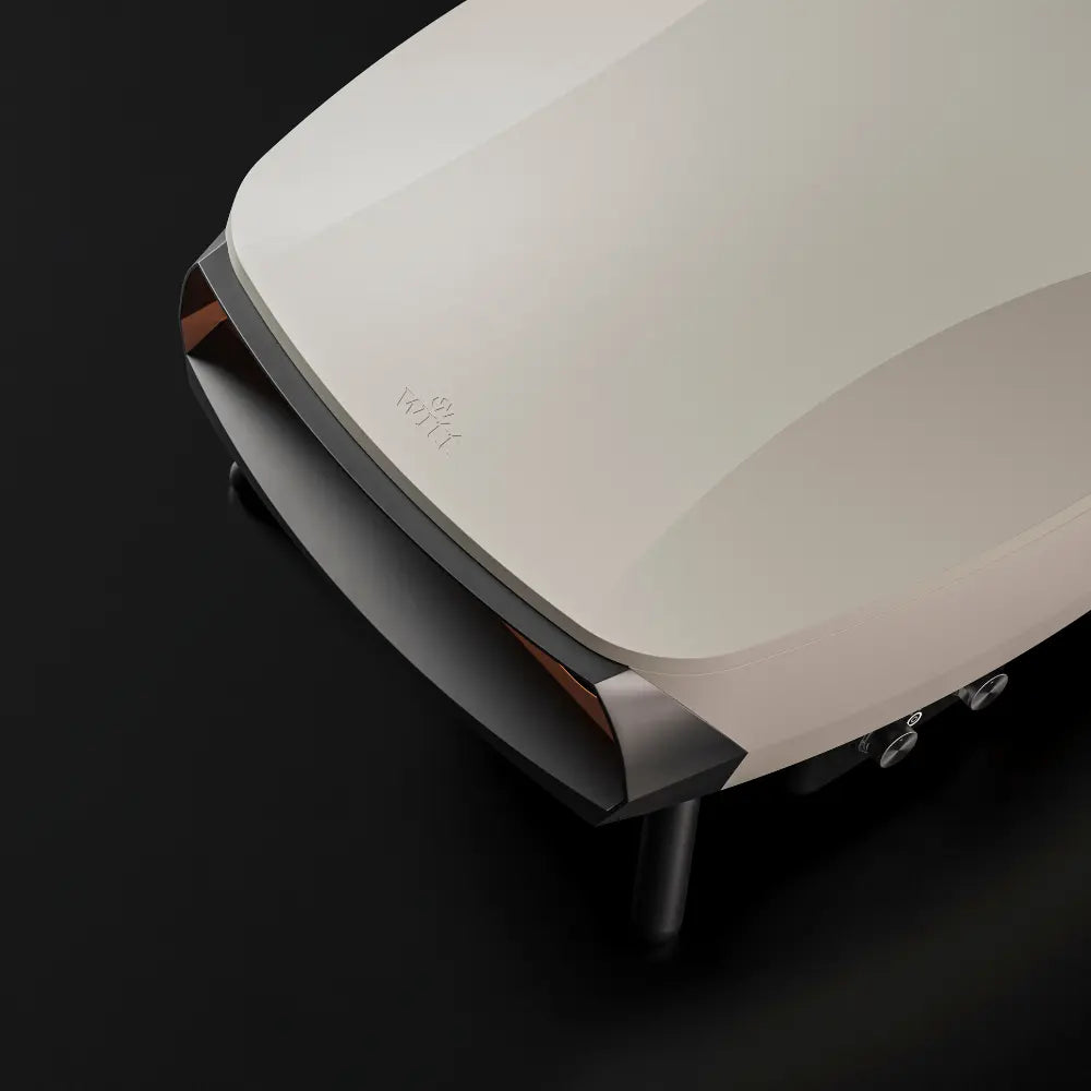 Angled top view of the WITT Etna Rotante pizza oven in stone colour