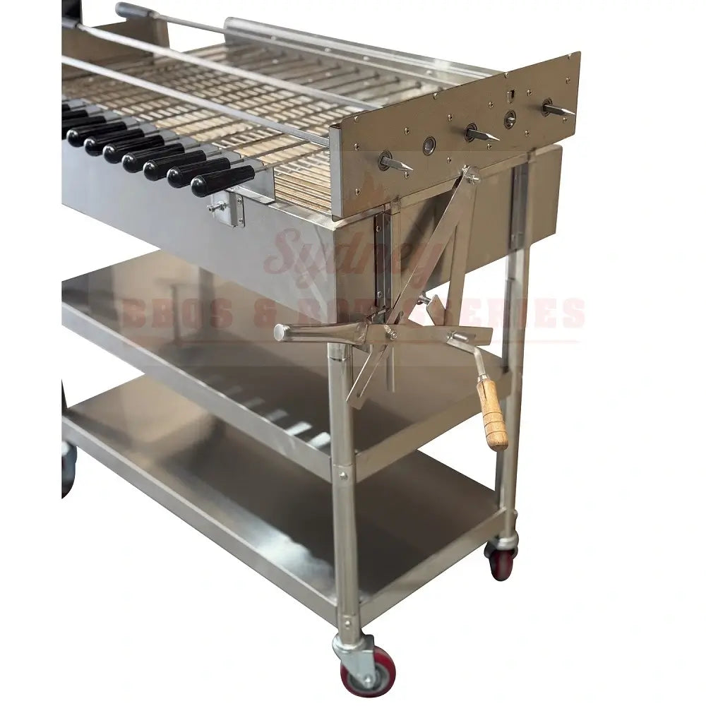 Right side view of XL rotisserie charcoal BBQ with side shelves