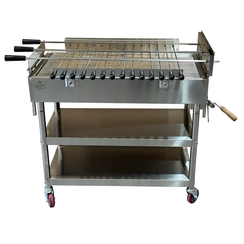 Front view of XL charcoal rotisserie BBQ with wheels and shelf
